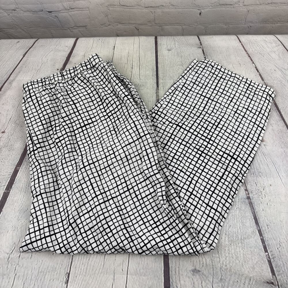 Eileen Fisher Grid Cropped Pull On Pants Small White Black Womens Drawstring